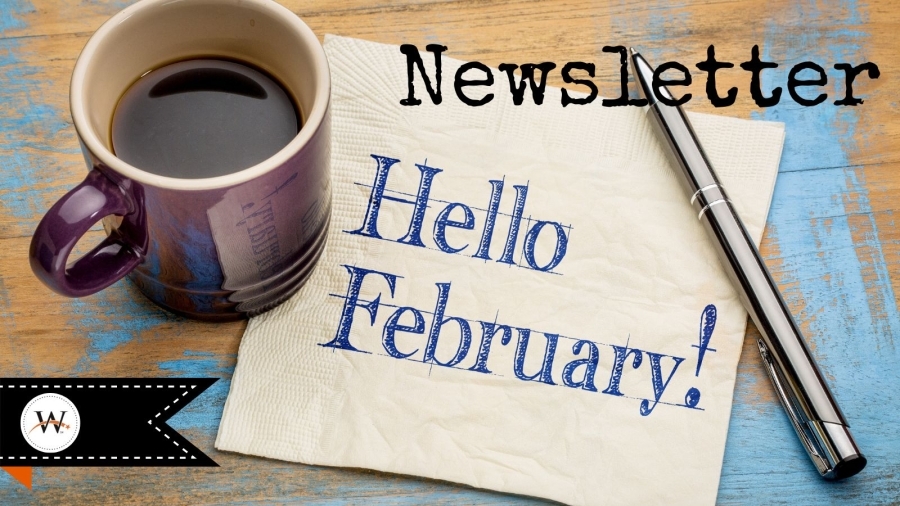 Newsletter poster with "Hello February" on piece of paper and coffee cup on paper